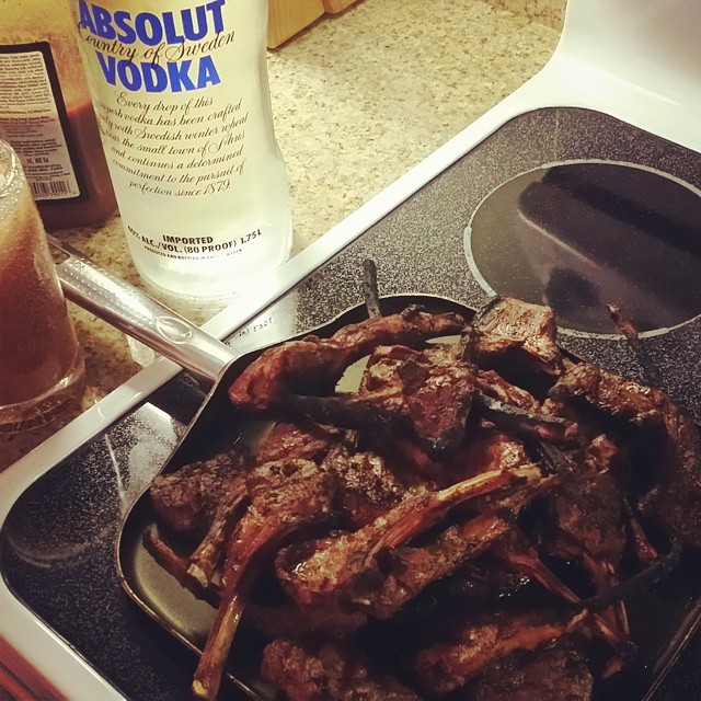 Afternoon snack at the Orange Beach Condo.  Rack of lamb and bloody marys. #OrangeBeachCondo #AbsoluteVodka #RackOfLamb #BloodyMary